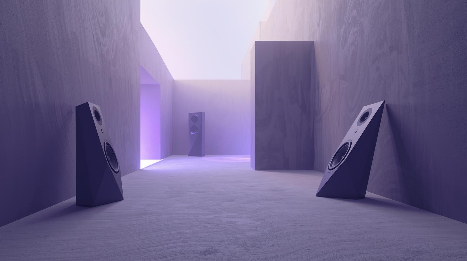 A minimalist and clean photography style capturing an abstract speakers featuring sharp, angular edges. The scene is set against a minimalistic ambient background of smooth grey walls, with a gentl